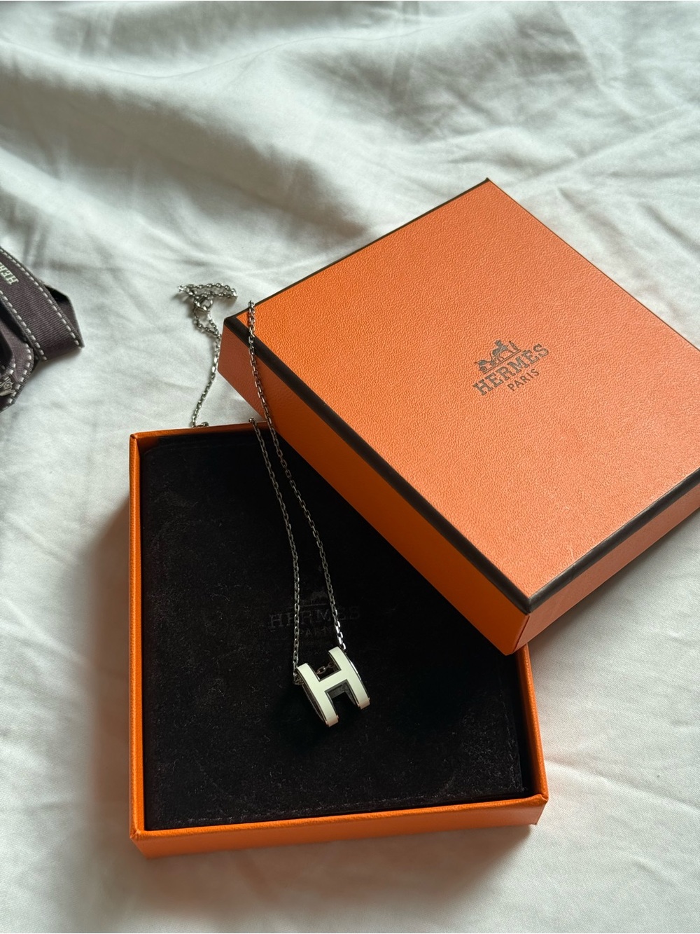 Hermes Silver H Pendant Necklace with Orange Box